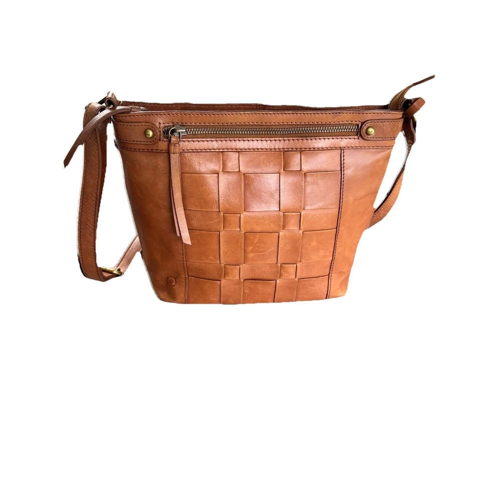 Born Brown Leather Woven Basketweave Crossbody Bag Zip Pocket Purse Boho Fall